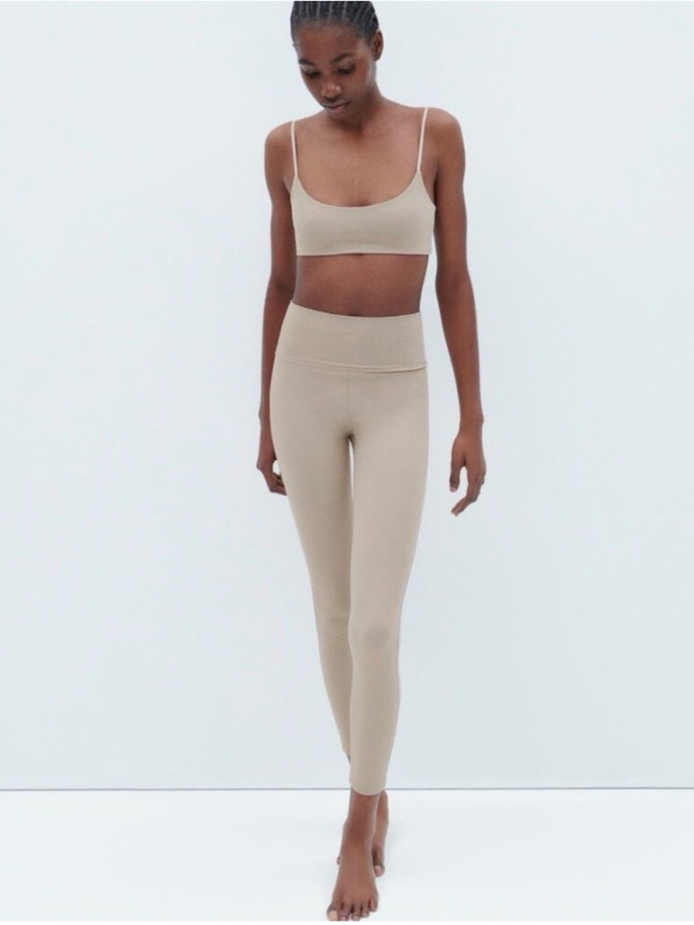Zara Neutral High-Waist Stretch Polyamide Bodycon Skinny Leggings in Beige